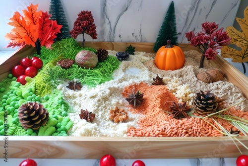 Autumn-themed sensory bin with colored sand, pinecones, artificial trees, pumpkin, and star anise in a wooden tray. Flat lay for creative play and seasonal activities. Generative AI