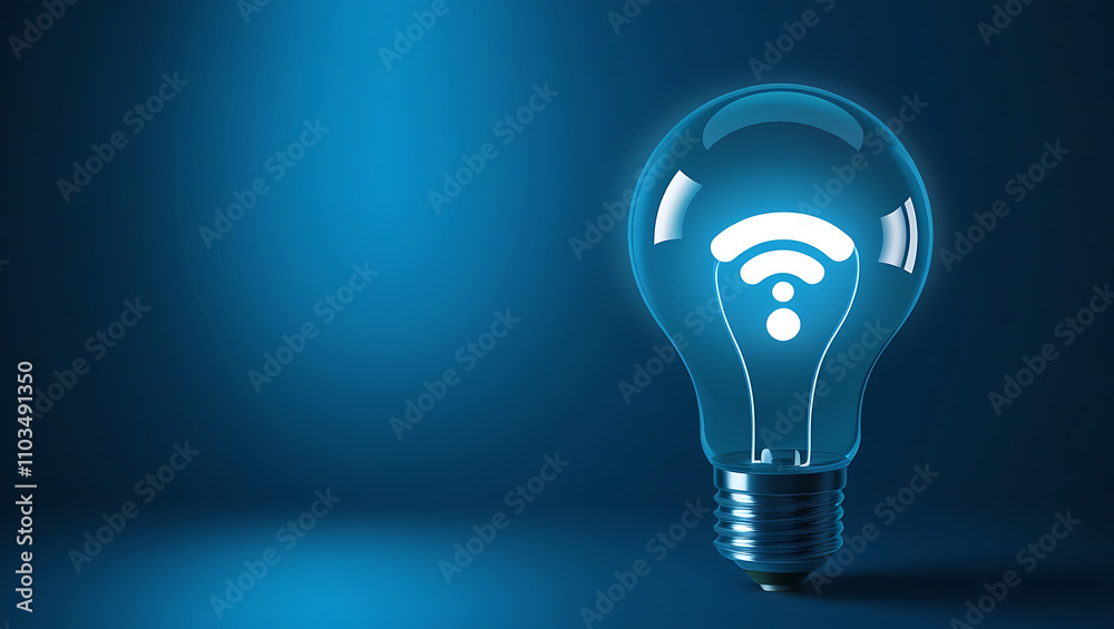 Light Bulb with Glowing Wi-Fi Symbol, Wi-Fi symbol, wireless technology, blue gradient background. Light bulb with wifi symbol is glowing on blue background Light Bulb with Glowing Wi-Fi Symbol, Wi-Fi symbol, wireless technology, blue gradient background. Light bulb with wifi symbol is glowing on blue background