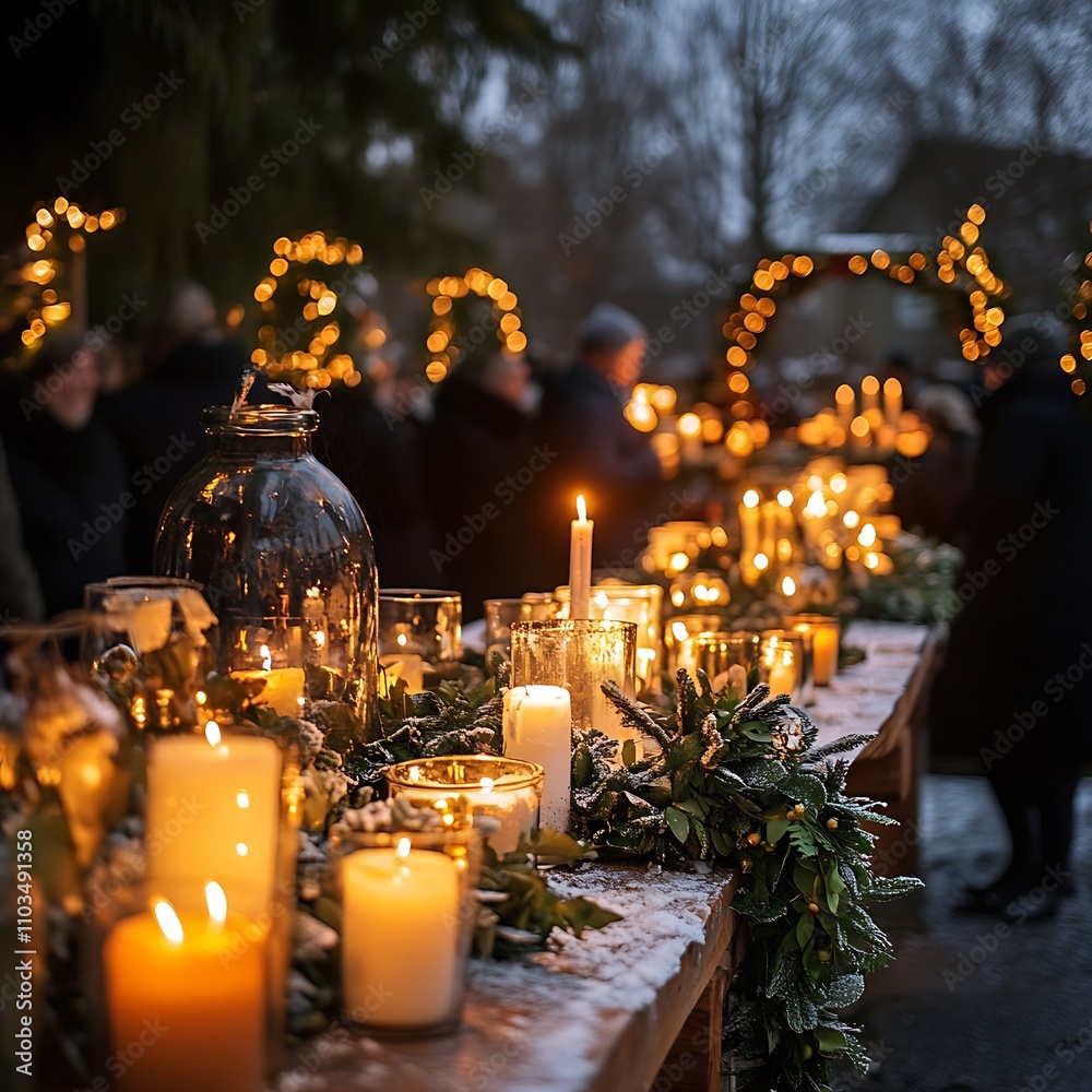 Festive candlelit table with evergreen garland at night. Festive candlelit table with evergreen garland at night.