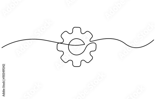 Continuous one line drawing of Setting icon isolated on white background outline vector illustration, Continuous one line drawing of machine gear. One line drawing illustration of gear wheel.