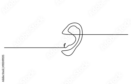 Human ear continuous line art drawing, with white background, Vector illustration, Vector illustration of human ear continuous single line drawing, Continuous one line drawing of human ear.