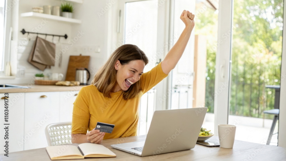 Happy woman holding a credit card, celebrating online shopping s Happy woman holding a credit card, celebrating online shopping s