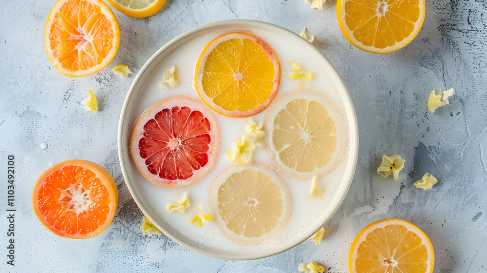 Milk bath with grapefruit, lemon and oranges slices. Top view. Flat lay. Fruits Milk bath with grapefruit, lemon and oranges slices. Top view. Flat lay. Fruits