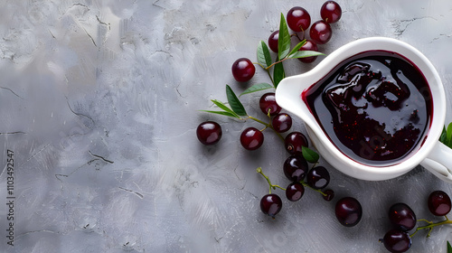 Gravy boat with jam on a gray background, top view. Isolated. photo