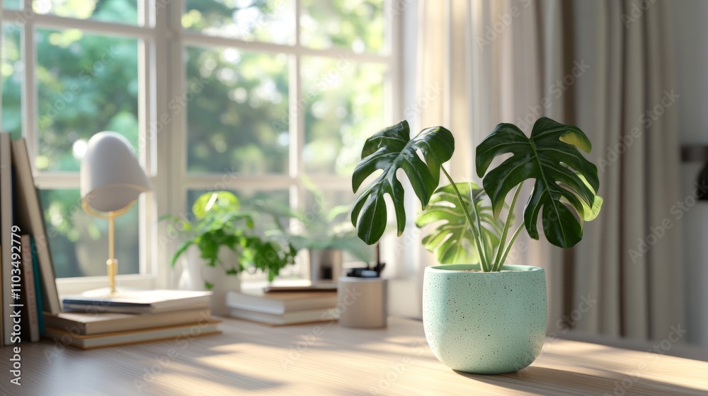 Modern workspace with a clean desk, a Monstera Deliciosa plant in a mint-colored pot near a window, and decorative accents like books and a desk lamp. Light and airy feel