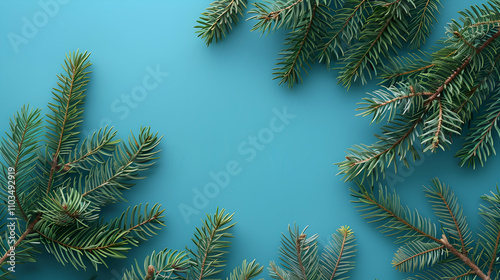 Fir tree branches on blue backgrund. Top view. Template for design. Christmas minimal concept.
