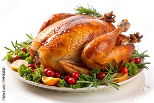 Roast turkey on white background