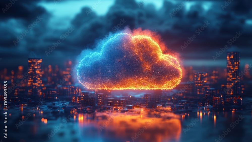 Obraz premium Fiery, icy cloud computing over futuristic city.