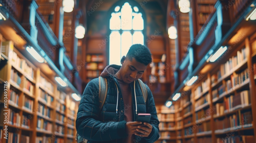 Student looking at phone in library