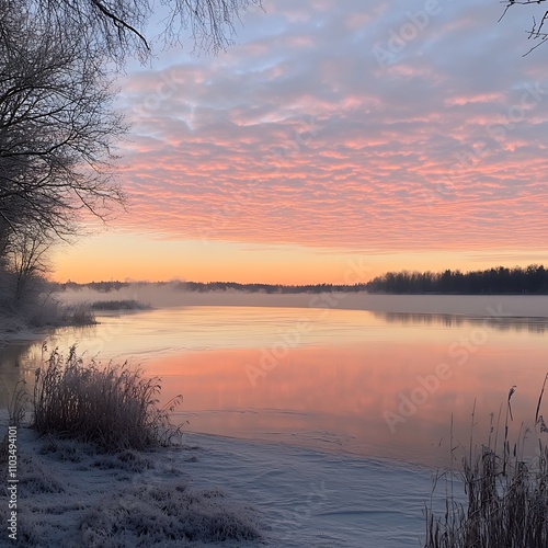 Serene winter sunrise over calm lake reflecting pastel sky, frost on plants.