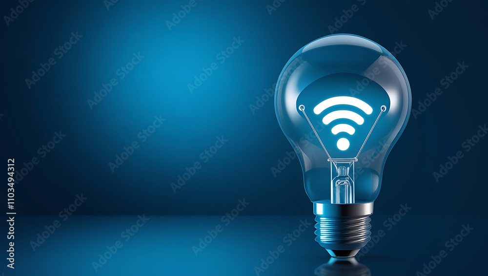 Light Bulb with Glowing Wi-Fi Symbol, Wi-Fi symbol, wireless technology, blue gradient background. Light bulb with wifi symbol is glowing on blue background Light Bulb with Glowing Wi-Fi Symbol, Wi-Fi symbol, wireless technology, blue gradient background. Light bulb with wifi symbol is glowing on blue background
