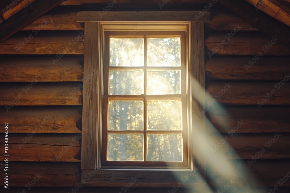 Fototapeta premium Log Cabin Window. Interior Room with Old Architecture and Sunlight Streaming Through