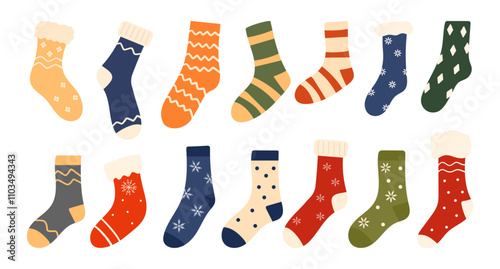 Set of cozy winter socks, winter footwear with various holiday patterns. Collection of knitted wool and cotton socks with snowflakes and geometric patterns isolated on a white background. Flat, vector