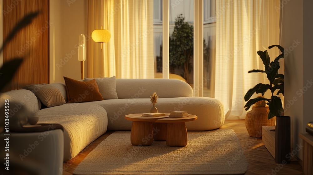 Obraz premium Scandinavian-inspired living room featuring furniture with rounded edges, soft golden lighting, and calming decor elements like linen curtains and warm wooden accents.
