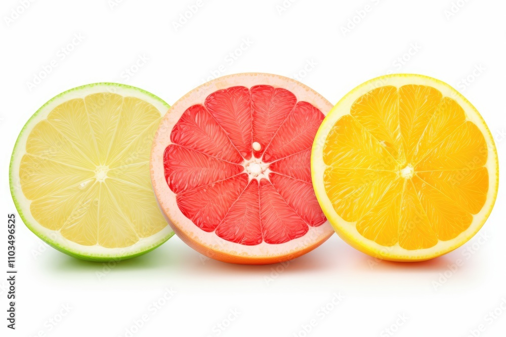 Citrus slices half cut fruits orange grapefruit lime lemon arranged in a row isolated on white background Citrus slices half cut fruits orange grapefruit lime lemon arranged in a row isolated on white background