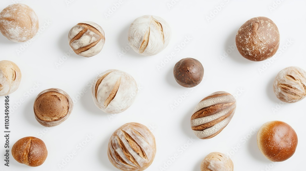 Freshly baked artisanal bread rolls arranged on a clean white surface for presentation and enjoyment Freshly baked artisanal bread rolls arranged on a clean white surface for presentation and enjoyment