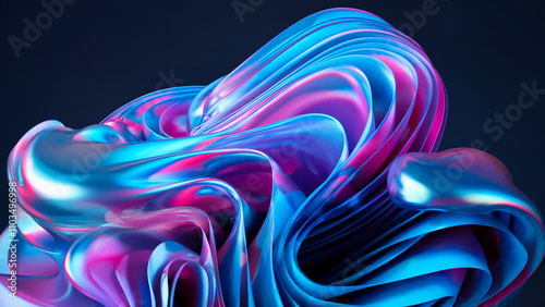 A dynamic 3D wave of fluid shapes in gradient hues of blue, purple, and pink, enhanced with a subtle metallic shimmer.