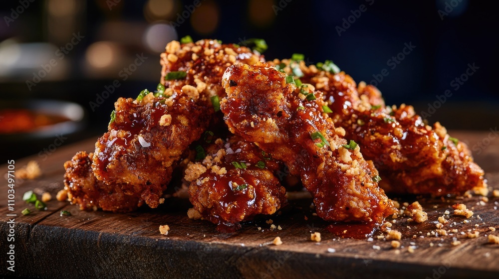 Crispy fried chicken pieces with a sweet and spicy glaze, topped with crushed peanuts. Crispy fried chicken pieces with a sweet and spicy glaze, topped with crushed peanuts.