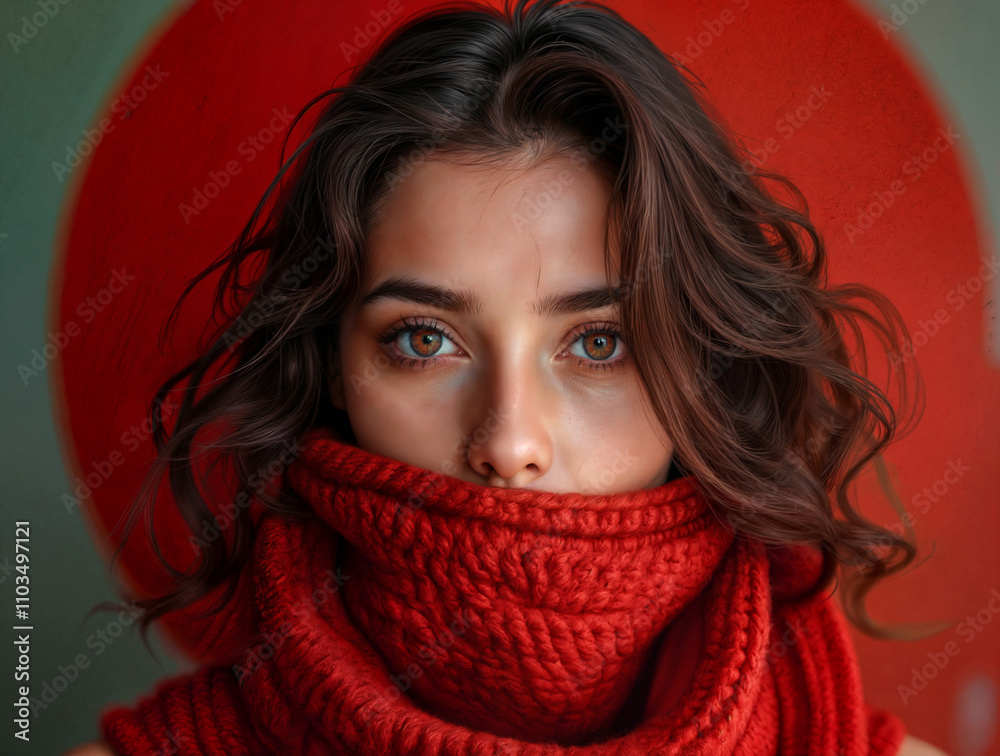 young woman in red scarf and mask, close-up portrait . Generative AI young woman in red scarf and mask, close-up portrait . Generative AI