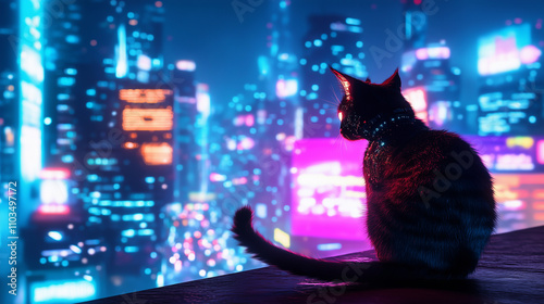 A cyberpunk cat with sleek metallic fur and glowing cybernetic eyes perches on the edge of a city rooftop, gazing out over a sprawling neon-lit metropolis. The hum of distant flyin photo