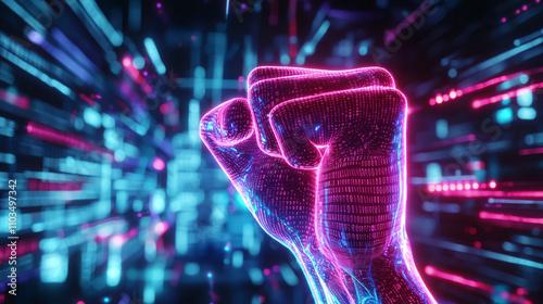 In a futuristic digital landscape, an abstract representation of a clenched fist rises, embodying the spirit of revolution and resistance. Surrounded by holographic grids and glowi photo