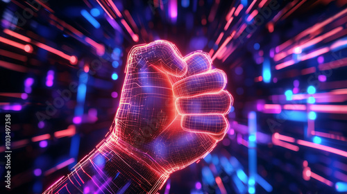 A powerful abstract visual of a clenched fist, symbolizing revolution and freedom, pulses against a backdrop of flowing digital data streams. The background is filled with vibrant
