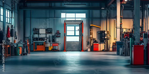 Fototapeta Naklejka Na Ścianę i Meble -  Empty workshop with a lift in a car repair station