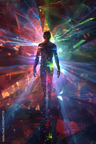 A silhouette of a person stands in a kaleidoscope of light.