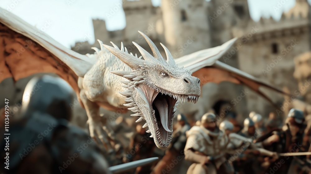 Fantasy scene of a white dragon roaring mid-flight surrounded by medieval knights in armor against a castle backdrop, depicting a legendary battle or confrontation. Fantasy scene of a white dragon roaring mid-flight surrounded by medieval knights in armor against a castle backdrop, depicting a legendary battle or confrontation.
