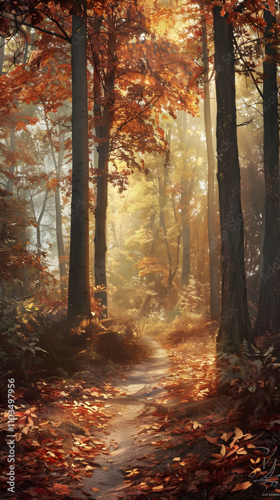 Fototapeta premium Serene Autumn Forest Path: A Tranquil Journey Through Nature's Colorful Transformation