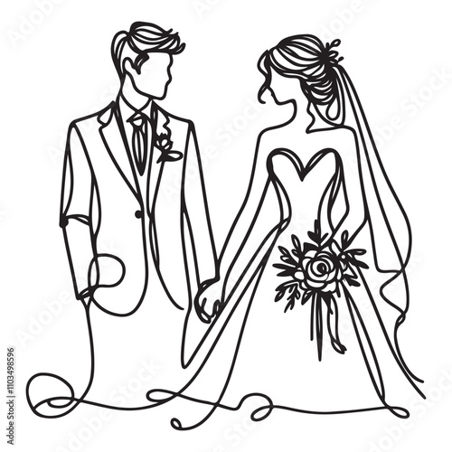 One continuous single drawing black line art doodle of wedding couple bride and groom standing side by side, holding hands, illustration on white background