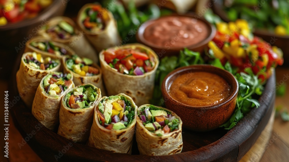 A selection of vegetarian burritos and guacamole, ready to eat. A colorful appetizer with fresh ingredients, Mexican cuisine. A selection of vegetarian burritos and guacamole, ready to eat. A colorful appetizer with fresh ingredients, Mexican cuisine.