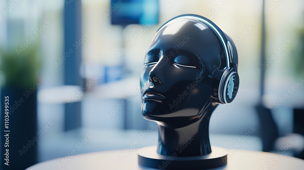 In a futuristic fashion design studio, a 3D-rendered mannequin head, crafted from sleek black glossy plastic with silver accents, sits on a rotating pedestal. Its eyes are closed,