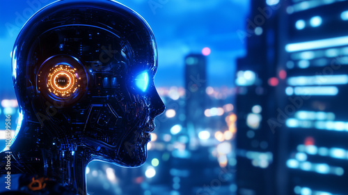 In a dystopian future where human society has been replaced by a network of intelligent machines, a lone blue humanoid robot, designed with luminescent eyes and a sleek, high-tech