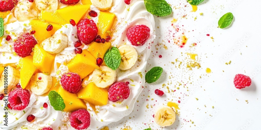 White dessert with bananas, raspberries, and mint. The dessert is topped with a white frosting and has a mint leaf on top White dessert with bananas, raspberries, and mint. The dessert is topped with a white frosting and has a mint leaf on top
