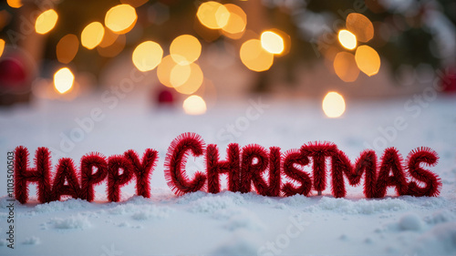 Happy Christmas text written in red glitter on snow with festive lights in the background