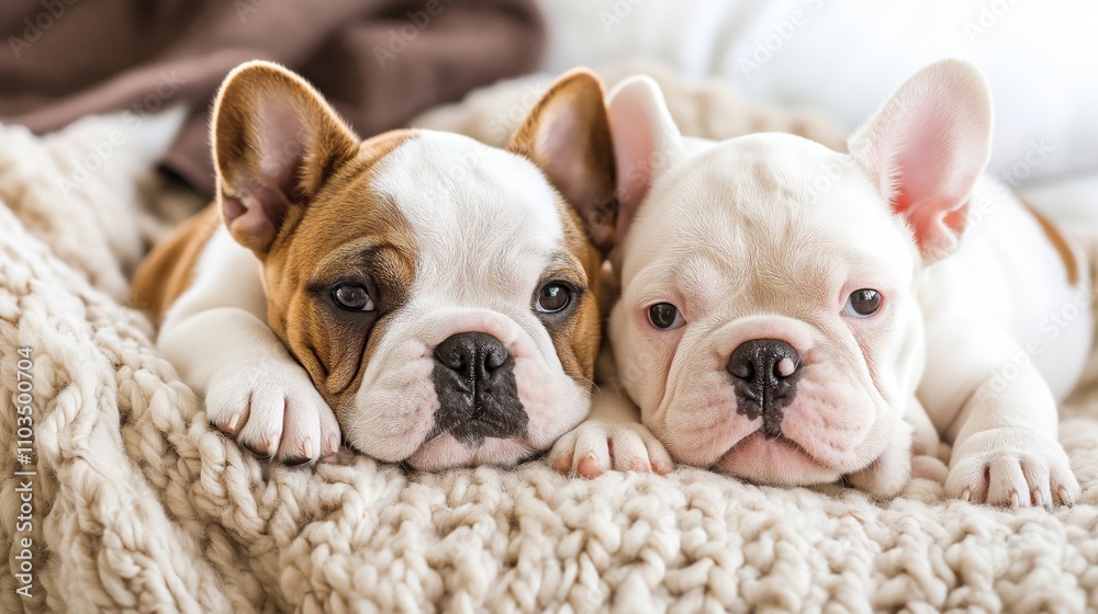 Two adorable French Bulldog puppies cuddling on knit blanket. One brown and white, one cream colored. Indoor lifestyle pet photography showing friendship and companionship. 8k Two adorable French Bulldog puppies cuddling on knit blanket. One brown and white, one cream colored. Indoor lifestyle pet photography showing friendship and companionship. 8k