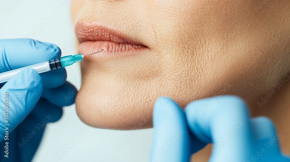 A close-up of a cosmetic procedure, where a professional in blue gloves carefully administers a filler injection to a womanâs face near the upper lip. The patient has her eyes clos A close-up of a cosmetic procedure, where a professional in blue gloves carefully administers a filler injection to a womanâs face near the upper lip. The patient has her eyes clos