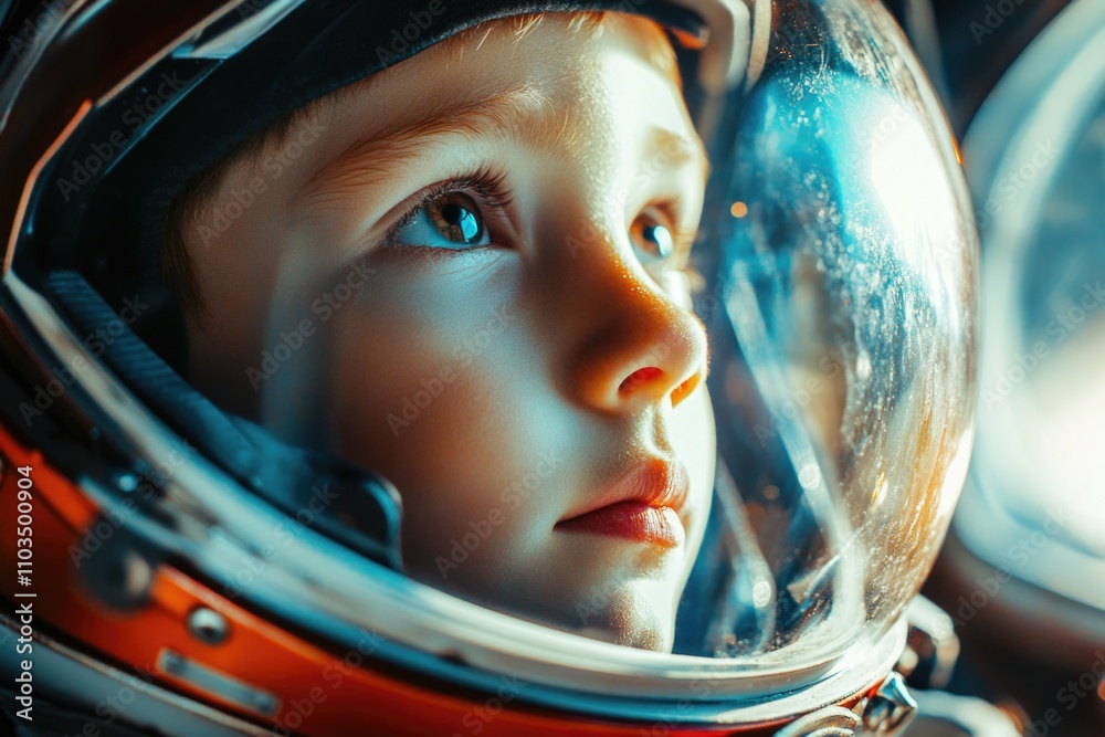 Young boy in a space suit looking out the window of a spacecraft. The boy's eyes are wide open and he is looking out into space Young boy in a space suit looking out the window of a spacecraft. The boy's eyes are wide open and he is looking out into space
