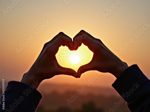 Hands Forming a Heart Shape Against a Vibrant Sunset in a Serene Outdoor Setting During the Evening