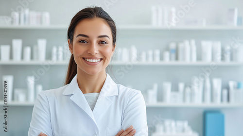 A smiling female beauty expert in a clean, contemporary aesthetic clinic, standing in front of shelves stocked with cosmetic products. Her poised and professional demeanor conveys