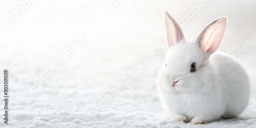 White dwarf rabbit with pink ears sitting on soft white textile. Clean minimal studio portrait perfect for Easter marketing, pet care advertising or animal welfare campaigns. 8k banner
