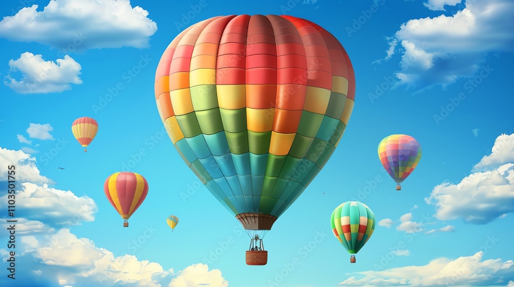 Fototapeta premium Colorful hot air balloons soar through a bright blue sky with fluffy white clouds.