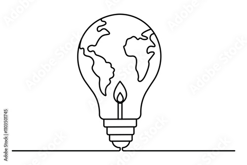 Eco earth hour of world earth day continuous hand draw concept global map outline vector illustration