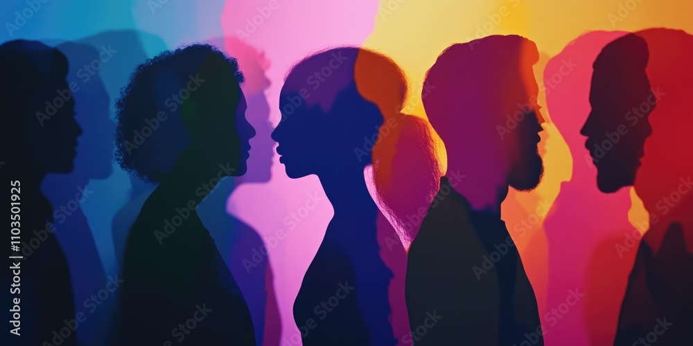 Group of people are silhouetted against a colorful background. The people are all different colors and sizes, and they are all standing close together. Scene is one of unity and diversity Group of people are silhouetted against a colorful background. The people are all different colors and sizes, and they are all standing close together. Scene is one of unity and diversity