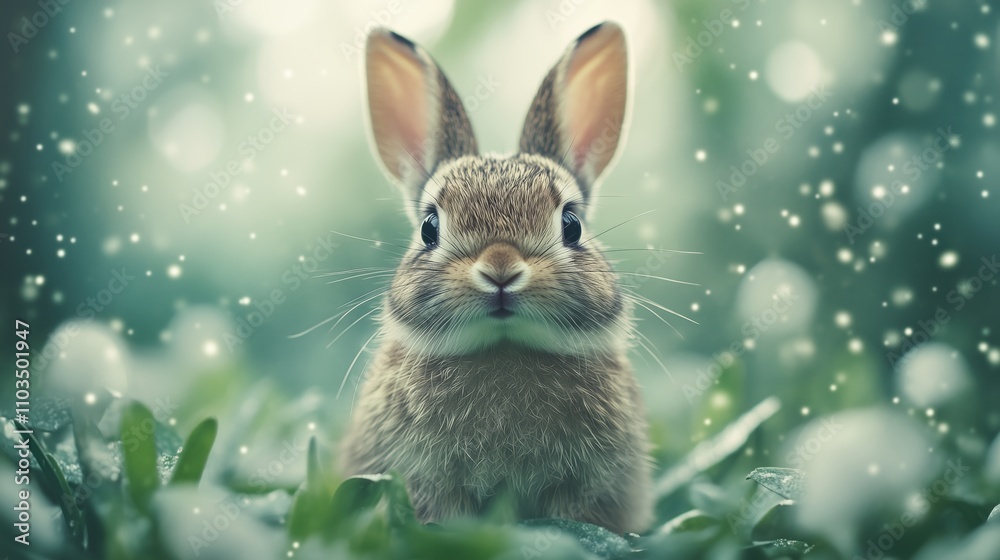 Close up portrait of wild brown rabbit in magical winter setting with bokeh snow effect. Whimsical nature photography perfect for holiday cards or winter wonderland themes. 8k Close up portrait of wild brown rabbit in magical winter setting with bokeh snow effect. Whimsical nature photography perfect for holiday cards or winter wonderland themes. 8k