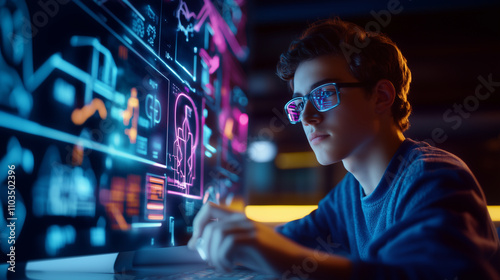 Teenager learning to create neon signs in hi-tech environment, with AI glowing graphic overlays. AI