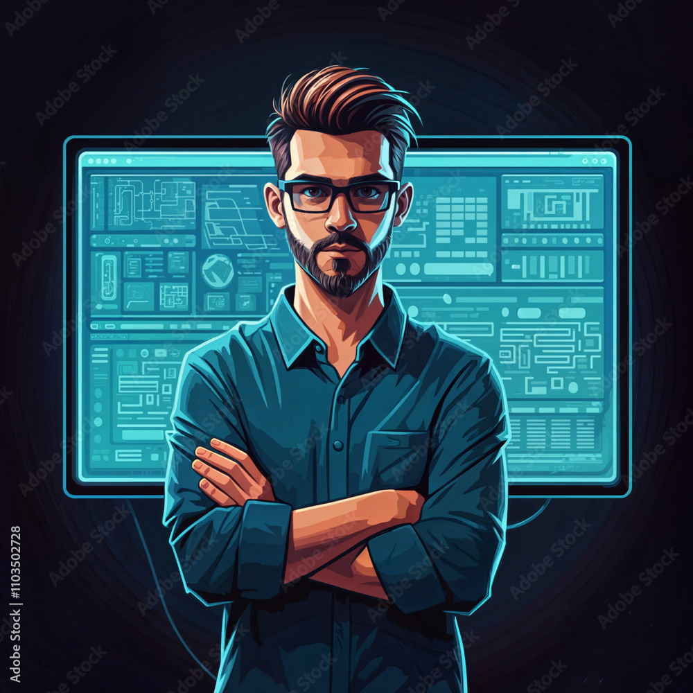 fashionable graphic programmer against the background of a computer and futuristic interior . Generative AI fashionable graphic programmer against the background of a computer and futuristic interior . Generative AI