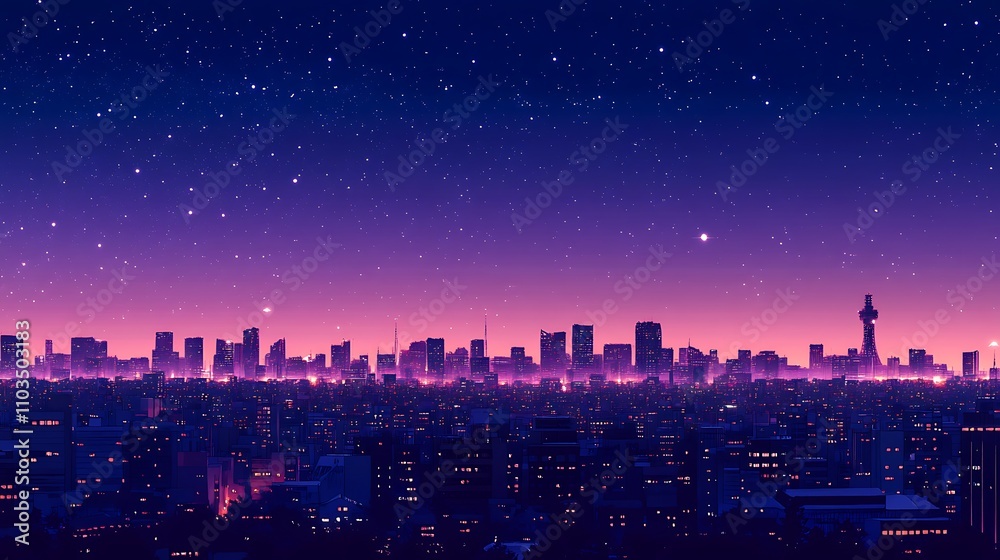 Obraz premium A modern urban skyline glowing with light under a clear starry night sky