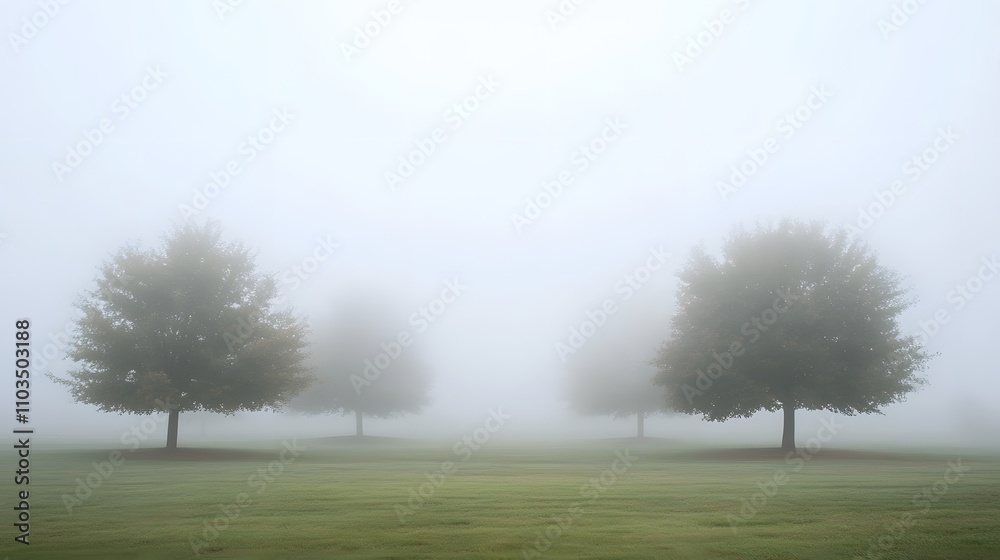 Foggy Field with Trees Standing Tall in Mist Foggy Field with Trees Standing Tall in Mist